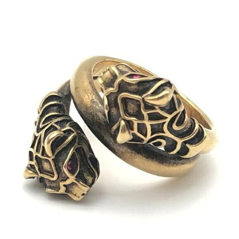 GUCCI Tiger Head Colored Stone Ring, Gold Color, Red